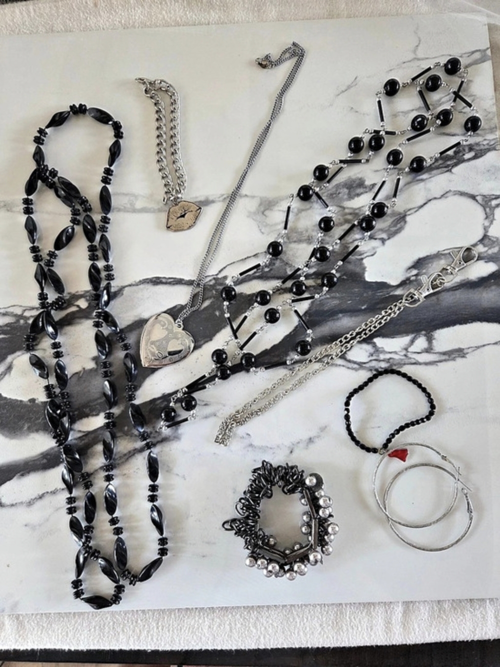 8-Piece Black & Silver Jewelry Lot Locket Hoop Earrings Bracelets Necklaces